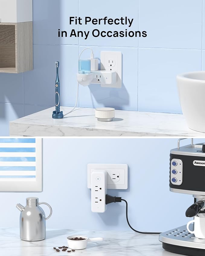 TROND Outlet Extender Surge Protector - 6 AC Outlet Splitter with 360 Rotating Plug, Multi Sockets Wall Expander with Power Switch, 1440J, 3 Way Plug Adapter for Home Bathroom Kitchen Office Dorm
