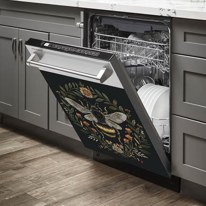 Flower and Bee Pattern Dishwasher Magnetic Cover Sticker Refrigerator Fridge Magnet Panel Decal Magnets Home Kitchen Fridge Front Door Cover 23W x 26H inchs