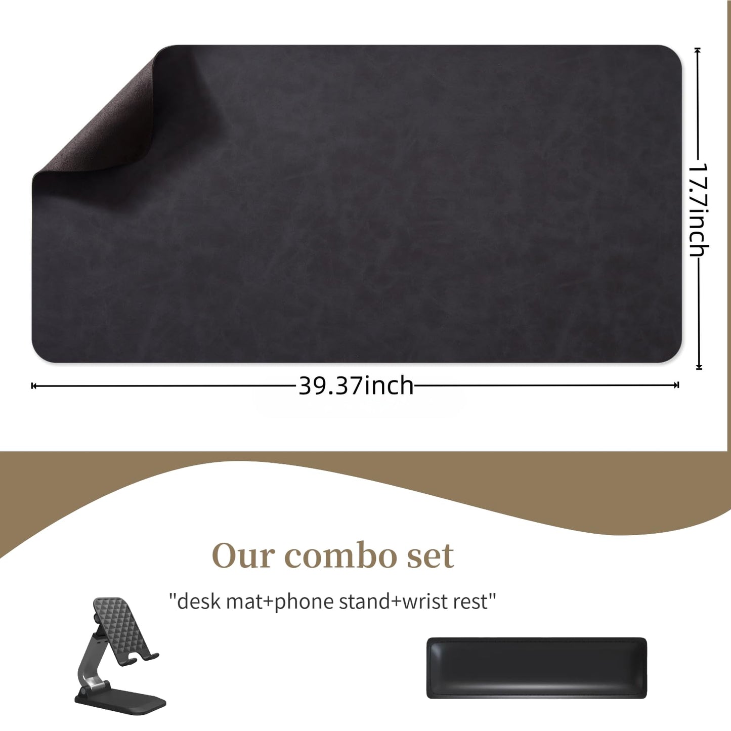 Leather desk pad for computer and laptops, Ideal for gaming and office use, Large mouse pad and keyboard mat, desk mat special for man. A complimentary wrist pad and phone stand. (Black, 17.7"x 39.37)