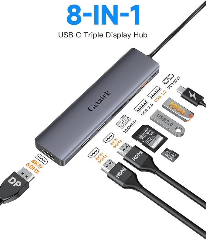Getatek 10Gbps USB C Hub, USB-C Laptop Docking Station, 8in1 Triple Display Docking Station for Dell Hp Lenovo Surface Windows (Dual HDMI+ DisplayPort + PD3.0 100W +SD TF Card Reader +10GB USB Port)