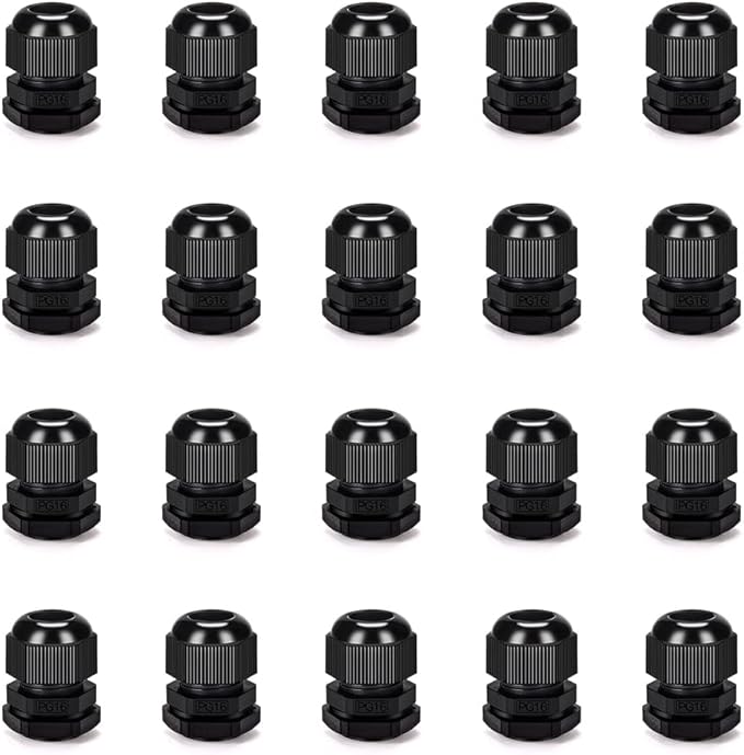 CGELE Cable Gland 20 Pack Plastic Waterproof Adjustable Connector 9-14mm PG16 Strain Relief Cord Connectors Joints Nylon with Gaskets