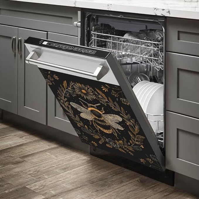 Flower and Bee Dishwasher Cover Sticker Decal, Black, Modern, Floral, Vinyl, Rectangular, Indoor, 23W x 26H inchs