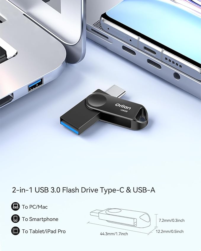 Orlian 128GB USB C Flash Drive Dual USB 3.0 Thumb Drive Type-C & USB-A 110MB/S Metal UDP Waterproof Swivel Design Memory Stick for Phone Android Tablet iPhone 15/16/17 Computer PC and More Black