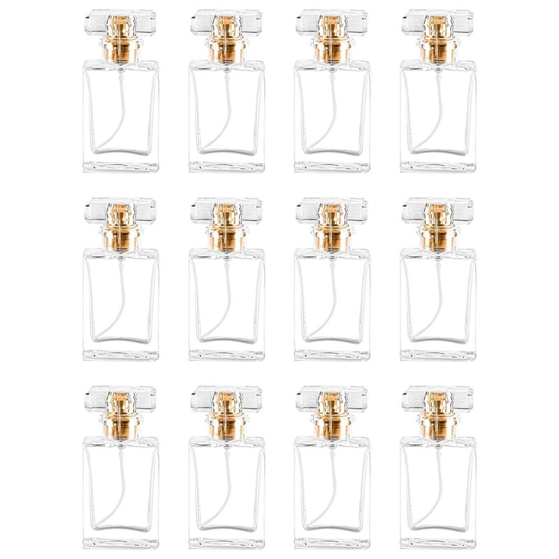 Glass Perfume Bottle Empty Refillable 12Pack Clear Travel Perfume Spray Atomizer Bottle 30ml Perfume Fine Mist Spray Perfume Bottle Atomizer Container with Sprayer Applicator (Clear Square 30ml 12PCS)