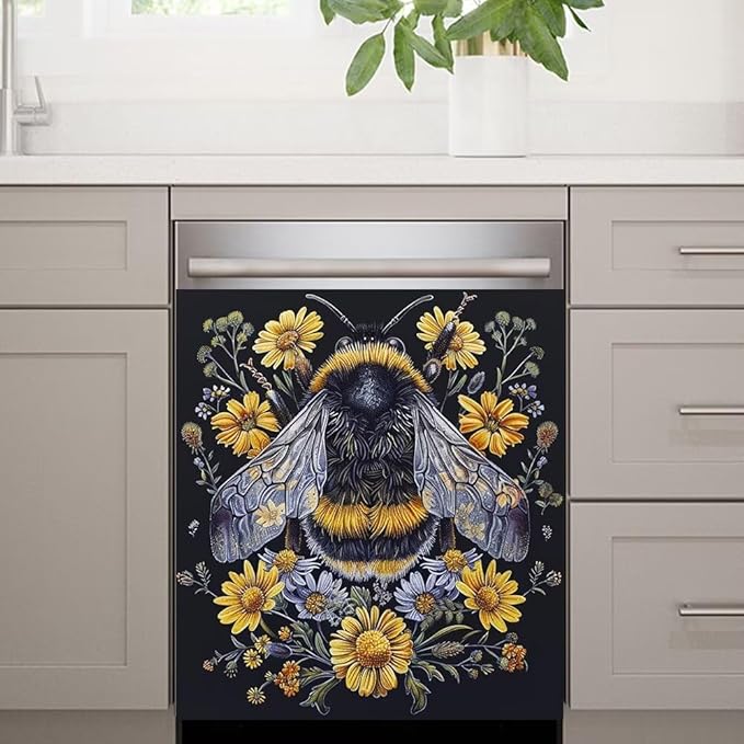 Flower and Bee Painting Dishwasher Magnet Cover Sticekr,Refrigerator Magnet Cover Decal Fridge Microwave Stickers Kitchen Decor,23W x 26H inchs