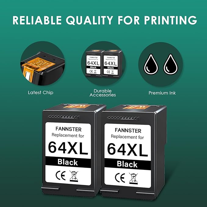 fannster 64XL Black Ink Cartridge Replacement for HP 64 XL 64 Ink High Yield (2-Pack) Compatible with Envy Photo 7858 7855 7155 6255 6232 Envy Inspire 7955e Tango X Printer