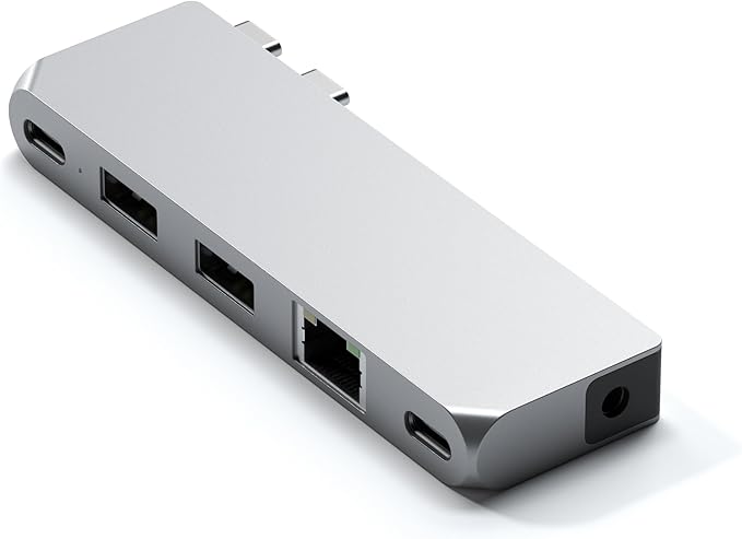 Satechi USB C Hub Multiport Adapter Pro Hub Mini, USBC Dongle with USB4 Port, USB C Data, 2 USB-A Data, Ethernet, Audio Jack, for MacBook Air/Pro M5/M4/M3/M2/M1 - Silver