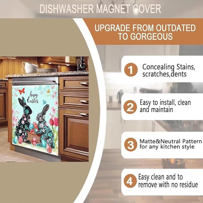 Happy Easter Kitchen Decor Dishwasher Magnet Cover Decal, Bunny Rabbits with Floral Magnetic Dish Washer Panel Door Vinyl Sticker, Refrigerator Magnets,Easy to Clean, 23 x 26 inch