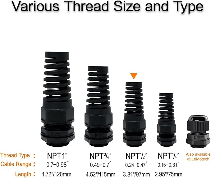 LeMotech 20Pcs NPT 1/2" IP68 Waterproof Cable Gland Flex Spiral Strain Relief Black Nylon Joint with Gaskets for 6-12mm Wire Thread