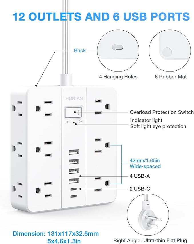Flat Plug Power Strip, Flat Extension Cord Indoor 20 Feet, HUNIAN 12 Widely Spaced Outlets with 6 USB (2 USB C Ports), Desk Charging Station for Home Office Supplies, White