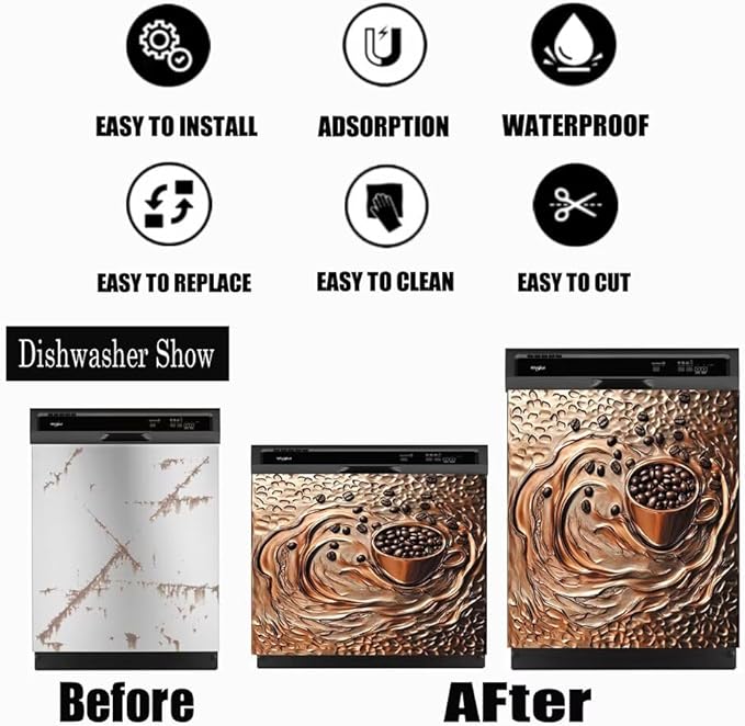 Coffee Copper Relief Effect Dishwasher Magnetic Cover for Door Front 23x26 Inch Dish Washer Magnet Panel Decal for Fridge Home Appliance Kitchen Decoration
