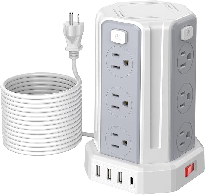 Power Strip Surge Protector, 16.4 Ft Extension Cord with 12 AC Multiple Outlets 4 USB (1 USB C), SMALLRT Power Tower Desktop Charging Station