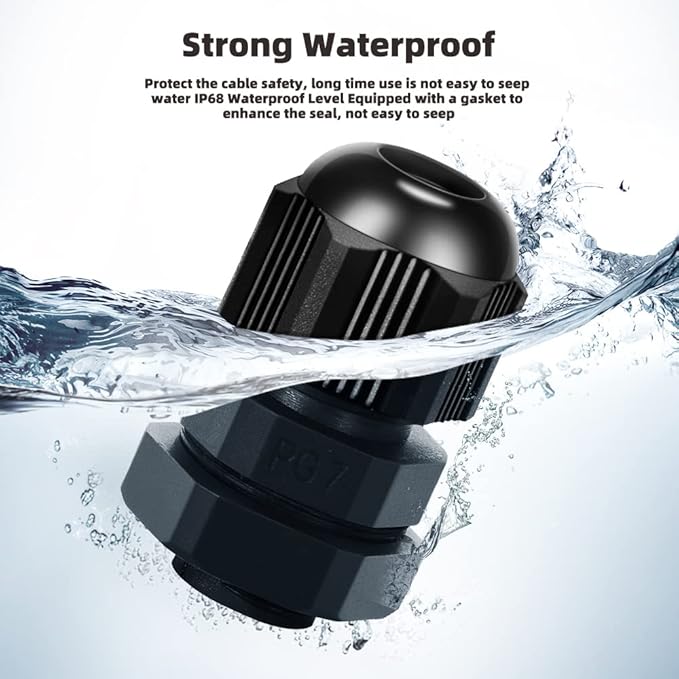 CGELE Cable Gland 20 Pack Plastic Waterproof Adjustable Connector 3-7mm PG7 Strain Relief Cord Connectors Joints Nylon with Gaskets