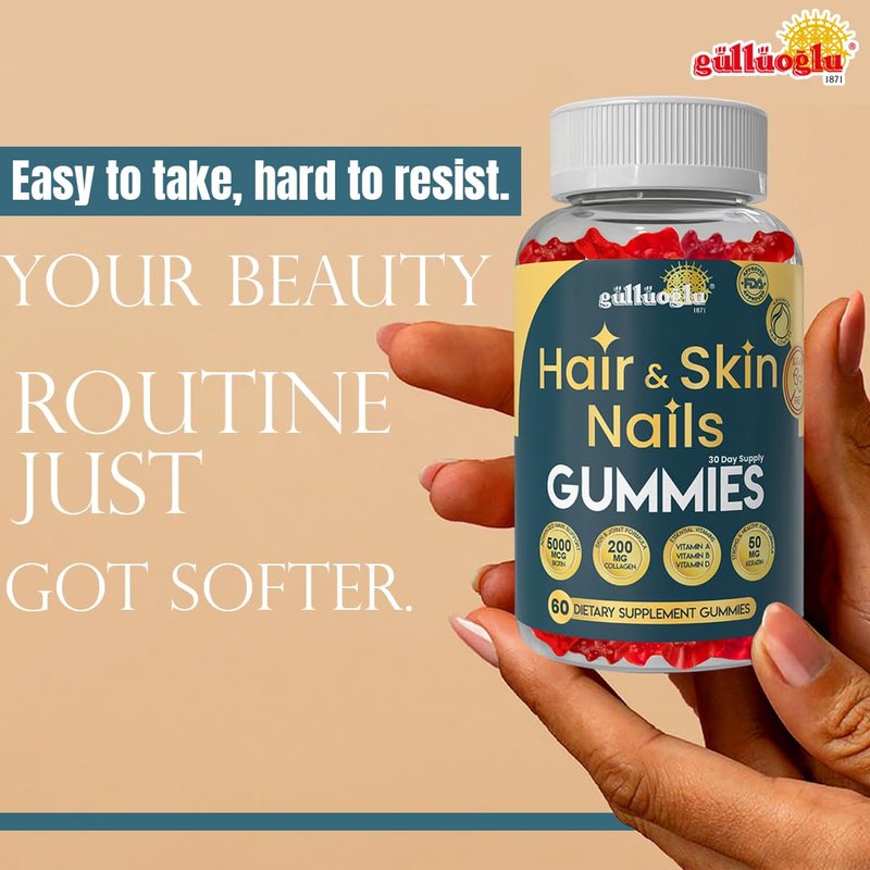 GÜLLÜOGLU Hair, Skin & Nails Gummies Sugar-Free – Biotin 5000 mcg, Collagen 200 mg & Keratin 50 mg –Vitamins A, C, D, E – Gluten-Free, Non-GMO, for Men and Women 60 Strawberry Flavor Gummies