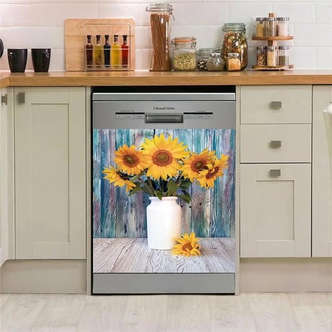 Colorful Wooden Background Kitchen Dishwasher Front Door Cover Decor, Vase Sunflower Fridge Panels Decals Vinyl Cover, Ordinary 23"x26"INCH