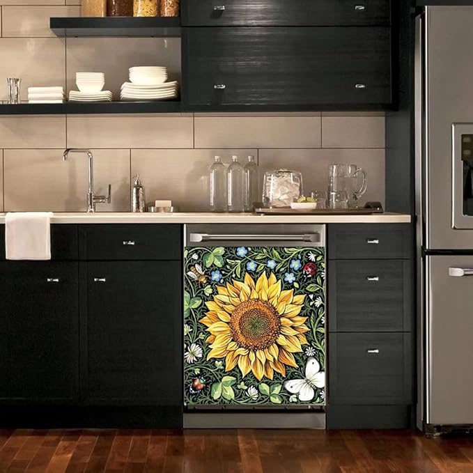 Sunflower Dishwasher Magnets Decorative Cover, Home Kitchen Dishwasher Decal Floral Refrigerator Magnet Cover Decals, Magnetic 23"x26"INCH