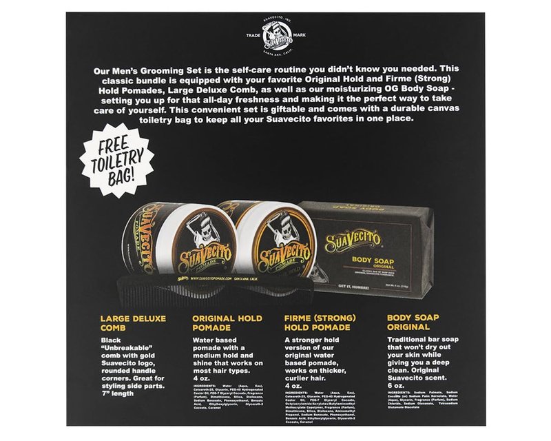 Suavecito Men's Hair Grooming Set OG & Firme (Strong) Hold Pomade, Body Soap, Large Deluxe Comb & Sand Canvas Bag