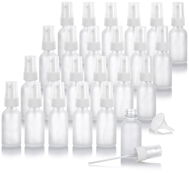 JUVITUS (24 pack) 1 oz Clear Frosted Glass Boston Round Bottle with White Fine Mist Spray + Funnel