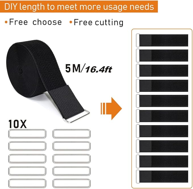 YMCRLUX 2"x16ft Reusable Cinch Strap with 10 Metal Buckles, Cut-to-Length Fastening Securing Straps, Adjustable Nylon Cable Straps and Cord Ties for Organizer or Storage, 2 inch Wide, Black