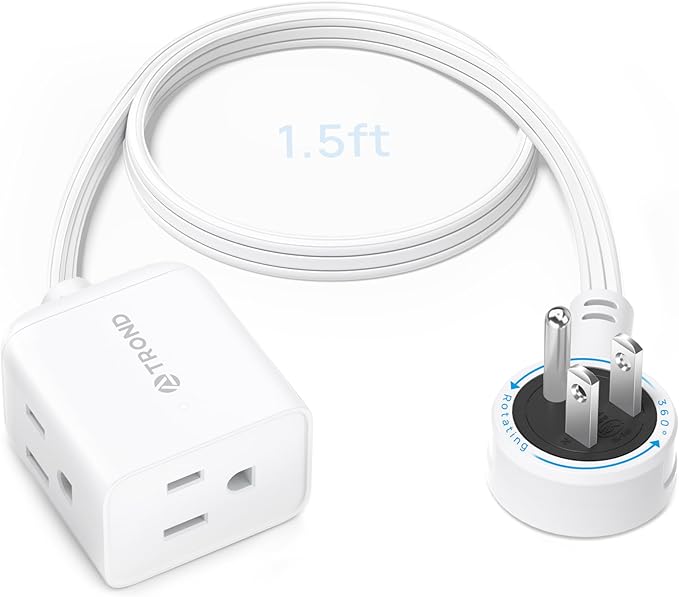 TROND Short Extension Cord 1.5ft with 360° Rotating Flat Plug, ETL Listed Low Profile Power Strip, Three Prong 3 Way Grounded Outlets, 13A, SPT 16/3 AWG for Indoor Home Office Cruise Travel, White