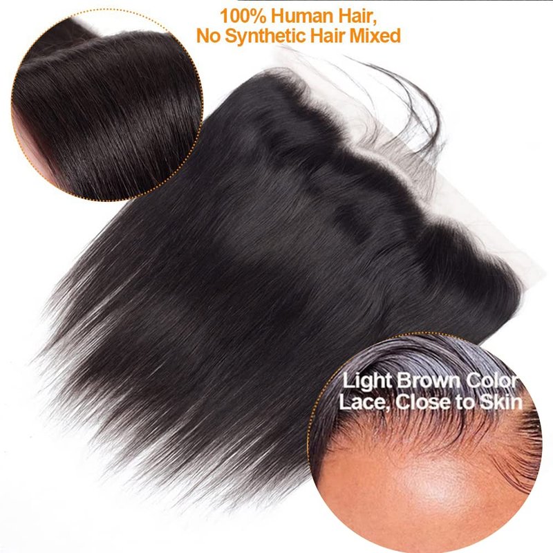 QTHAIR Straight HD Lace Frontal Human Hair 18A Brazilian Straight Human Hair Ear to Ear 13x4 Swiss Lace Frontal(14",Natural Color) Pre Plucked Natural Hairline with Baby Hair
