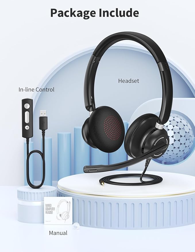 JabNecter Wired Headphones with Microphone for PC, On-Ear Computer Laptop USB Headset with Noise Cancelling Microphone in-line Control for Home Office Online Class Skype Zoom, (3.5mm + USB)
