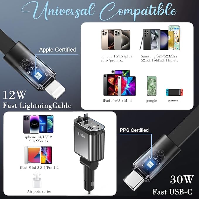 4 in 1 Retractable Car Charger with Starry Light,69W USB-C Fast Car Charger, for iPhone 17/16/15/14/13/12/11, Android,Pixel,Cigarette Lighter Charger (Lightning+USB-C & PurpleLight)