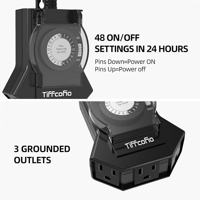 TiFFCOFiO Outdoor Timer Outlet Waterproof, 24 Hour Mechanical Light Timer Outdoor, 3 Grounded Outlets for Home and Garden, 15A 1/2HP, Heavy Duty, ETL Listed (1 Pack)