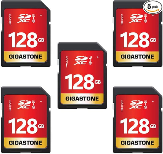 GIGASTONE 128GB SD Card 5-Pack UHS-I U1 Class 10 SDXC Memory Card Full HD Video for Digital Camera, Full-Sized SD Card, with 5 mini case