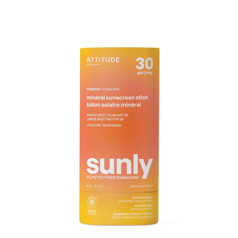 ATTITUDE Mineral Sunscreen Stick - SPF 30 Zinc Oxide, EWG Verified | Vegan, Plastic-Free, Tropical, 2.1 Oz