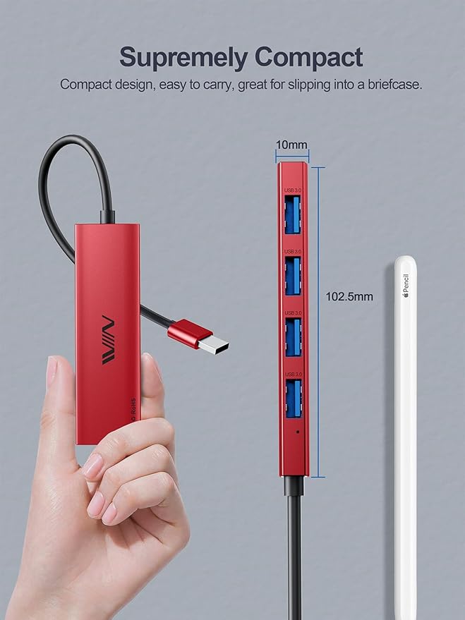USB 3.0 Hub, 4 Port USB Hub Splitter, USB A Expander Portable USB Adapter Multiport Data Hub for Laptop, iMac Pro, MacBook Air, Mac mini/Pro, Surface Pro, USB Flash Drives, and Mobile HDD-Red