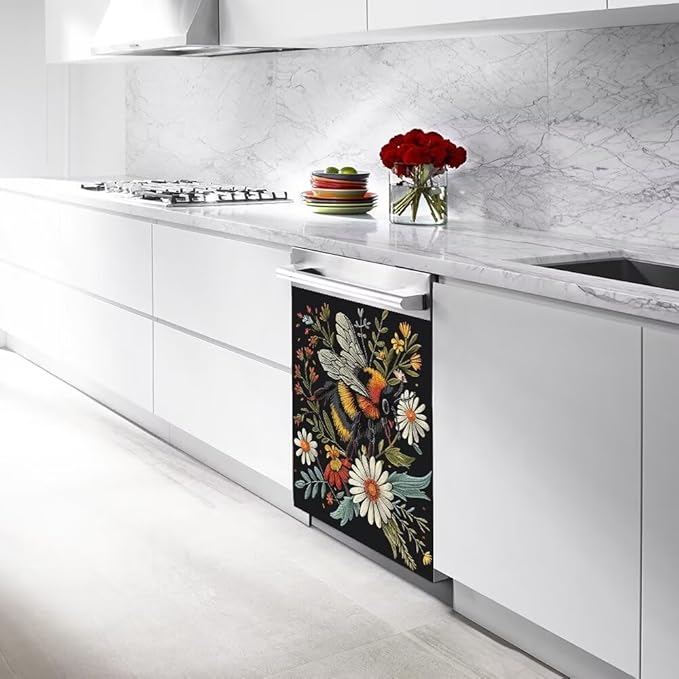 Flower and Bee Pattern Dishwasher Magnet Cover Sticker,Refrigerator Magnet Cover Decal Fridge Magnetic Stickers Home Kitchen Decor,23W x 17H inchs