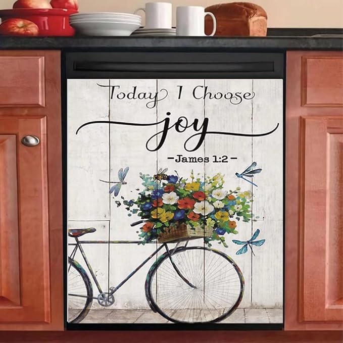 Today I Choose Joy Dishwasher Magnet Decal,Butterfly Flower Dishwasher Front Door Cover Kitchen Decor,Bike Floral Fridge Magnet Sticker,Inspring Quote Home Appliance Panel Decal 23"x17"