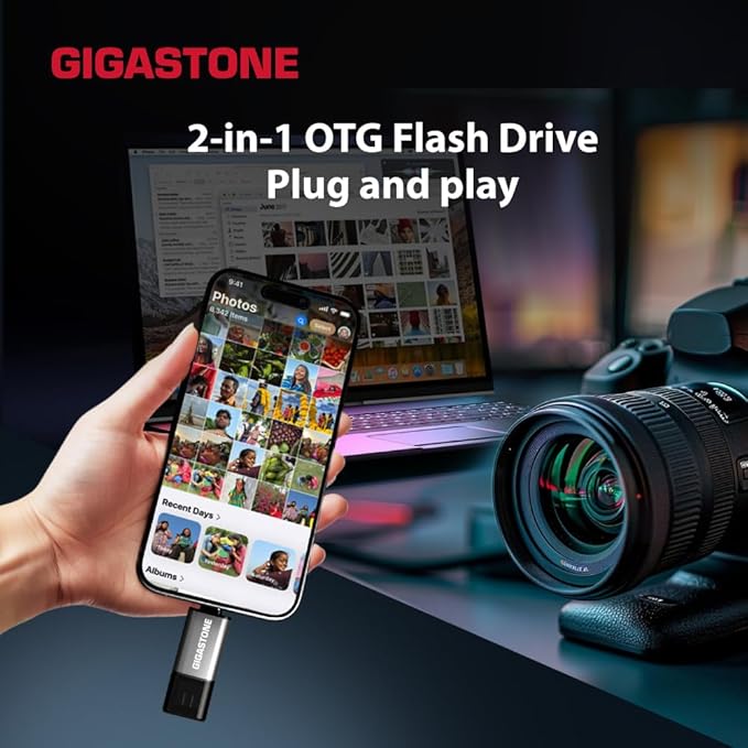 GIGASTONE 64GB Dual USB Flash Drive 2-Pack, USB 3.2 Gen 1, 2-in-1 USB C+A, Speed Up to 100MB/s, Head Cap Design Thumb Drive, Plug & Play for Smartphone/PC/Mac/TV/Car Audio, USB 2.0/3.0/3.1 Compatible