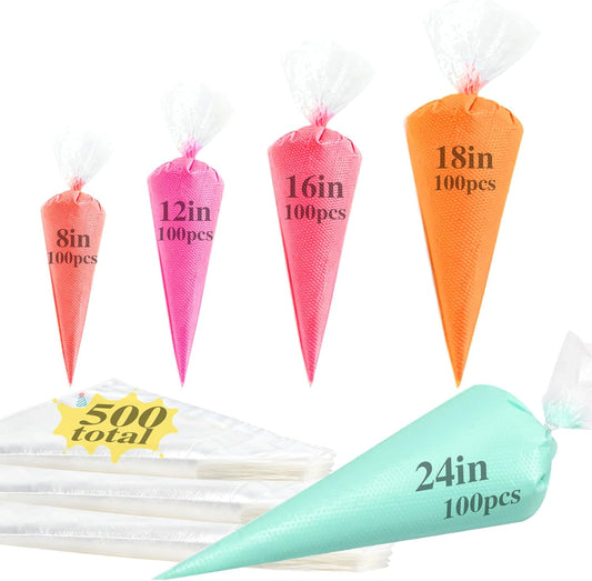 Skiennix Piping Bags - 500 Disposable Icing & Frosting Bags | 5 Size Assortment (8-24 Inch) for Cake Decorating