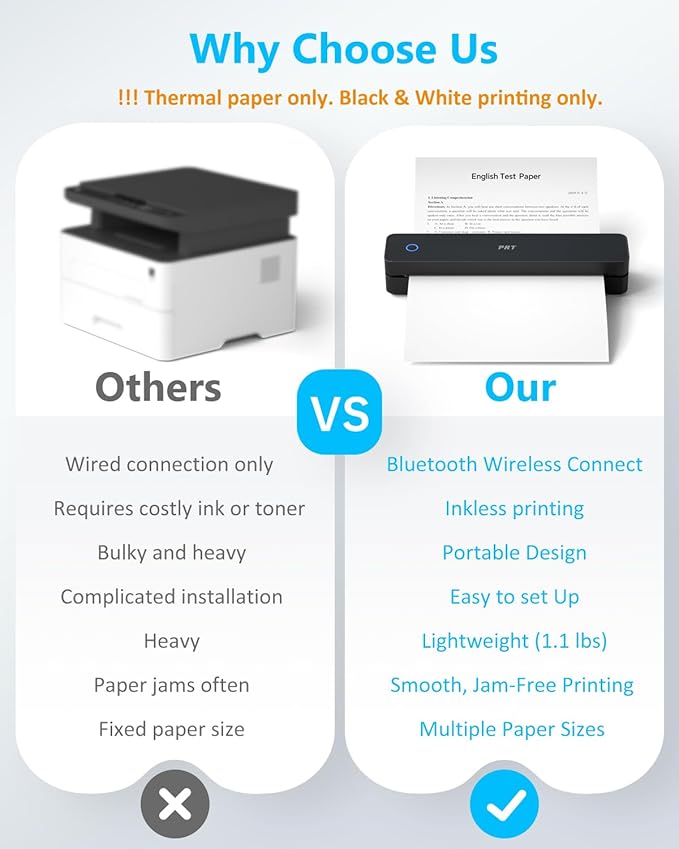 PRT Inkless Portable Printer for Travel, Wireless Thermal Printer Support 8.5 x 11 US Letter A4 B5, Bluetooth Mobile Printers for Laptop, iPhone, Android for Home, Car, Office, School, MT610 Black