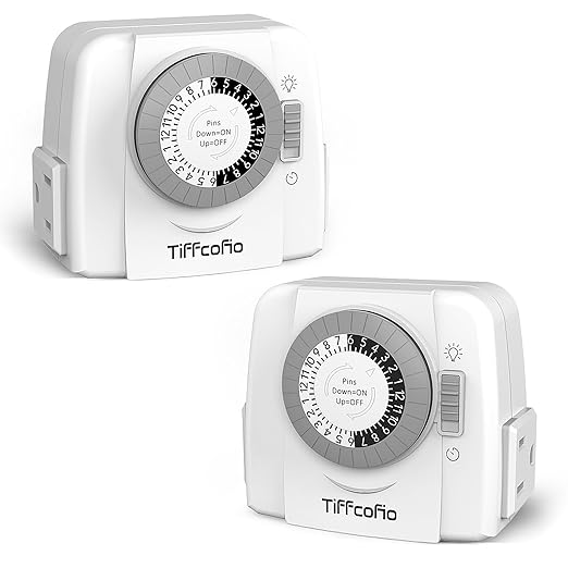 TiFFCOFiO Indoor Mechanical Outlet Timer, 3 Prong Timers for Electrical Outlets, 24-Hour Programmable Plug in Light Timer, ETL Listed (2 Outlets, 2 Packs)