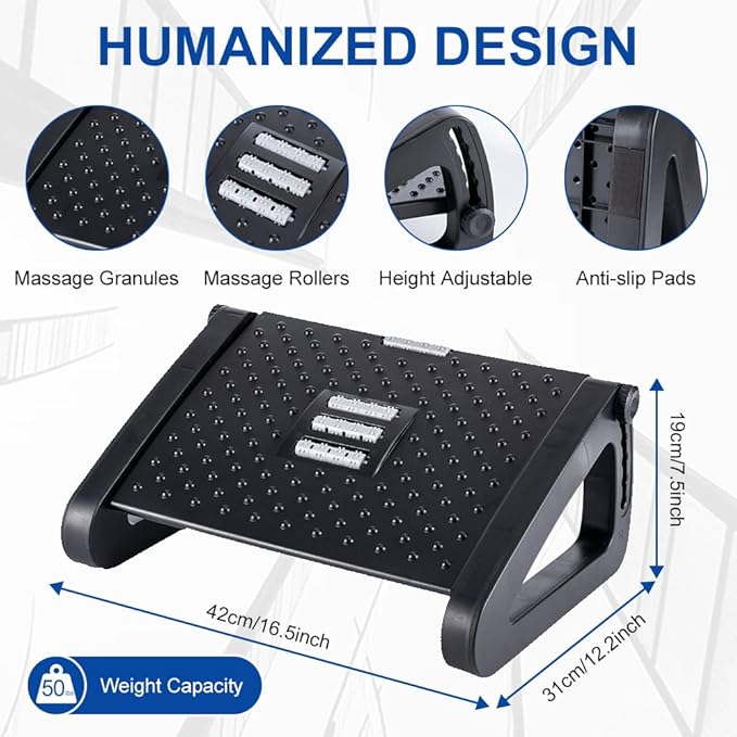 ZLMHYYM Foot Rest for Under Desk at Work - Six Heights Adjustable Under Desk Footrest - Ergonomic Foot Stools for Under Office Desks - Desks Foot Rest with Massage Rollers - Leg Rest for Chair (Black)