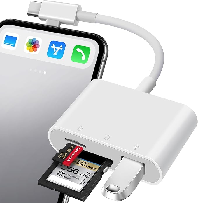 OPxjzws SD Card Reader for iPhone, SD Card Adapter with Lightening & USB C Dual Connectors Plug&Play Supports microSD, SD and USB-A OTG, Portable Trail Camera Memory Reader for iPhone Mac MacBook iPad