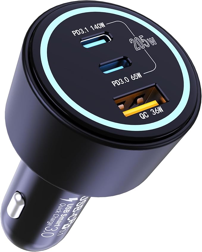 Ubigbuy 205W USB C Car Charger - 3-Ports, PD3.1 140W