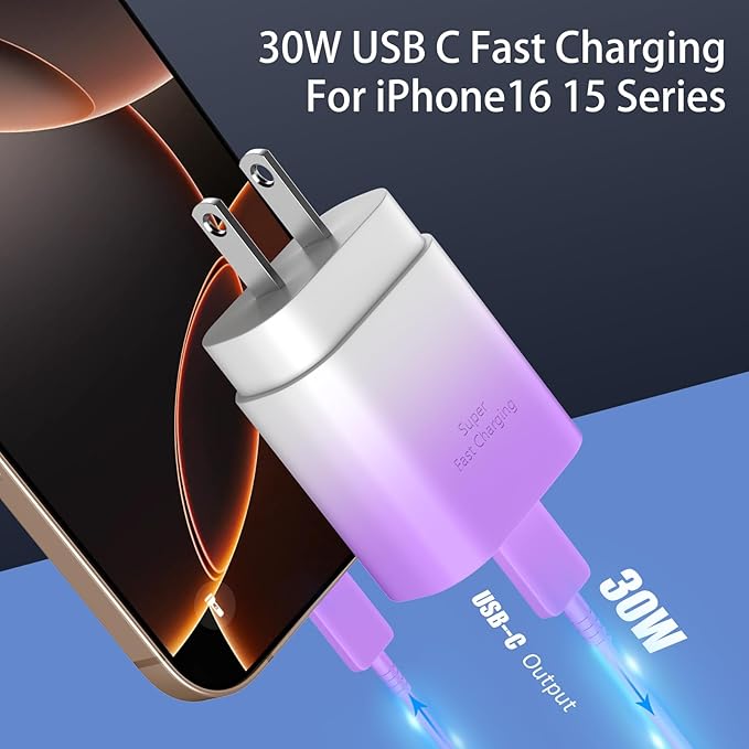 Phone 17 16 15 Charger Fast Charging,30W USB C Phone 17 16 15 Pro Max Charger Block&10FT Long Type C Cable Cord for i.Phone 17/17 Air/17 Pro/17 Pro Max/16/16 ProMax/15/15 Pro Max,Purple Gradient