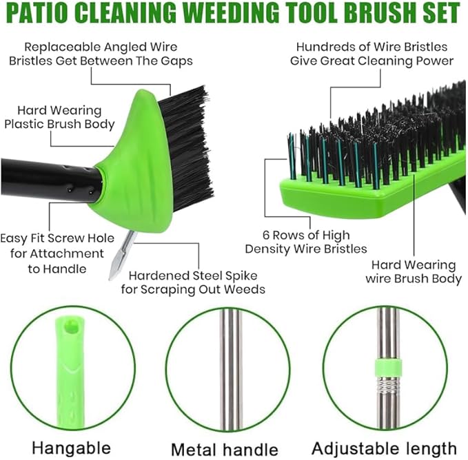 3-in-1 Weed Brush Tool Set, Adjustable Long Handle Crack Weeder & Moss Remover for Driveway, Patio, Sidewalk - Stainless Steel Crevice Cleaning Kit (2 Sets)