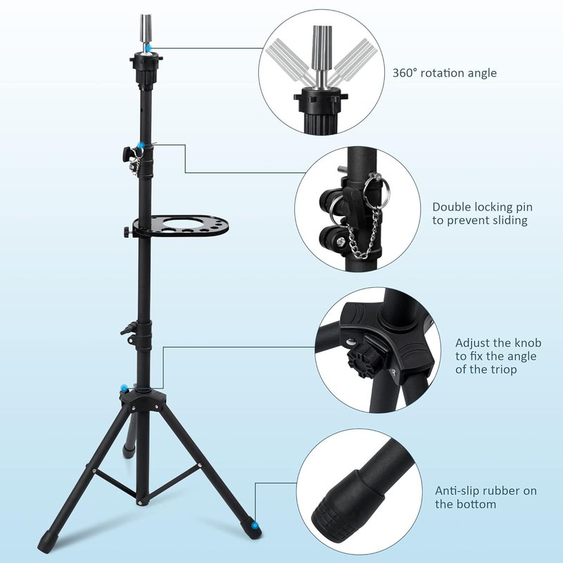 Klvied Wig Stand Tripod for Braiding Practice and Wig Styling, Adjustable 25-53.5 Inch Mannequin Head Stand with Tool Tray and Travel Bag, Fits Most Open-Bottom Heads, Black