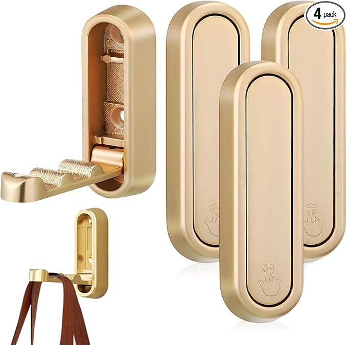 YipuVR 4PCS Gold Foldable Wall Hooks, Metal Folding Hooks Wall Mount, Easy Installation, Suitable for Bathroom Kitchen, Flip Down Hook for Wal l Hanging Coat, Bag, Towel, Key, Hat (Gold)