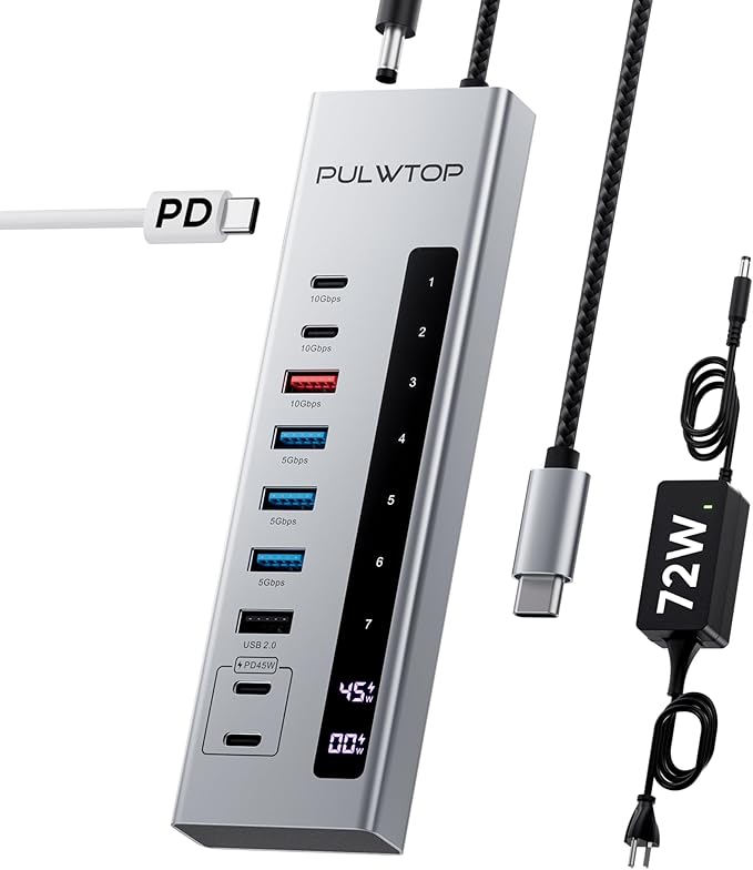 PULWTOP Powered USB C Hub, 10-in-1 USB 3.2 Data Hub with 3 x USB A/C 10Gbps, 3 x USBA 5Gbps, USB A 2.0, 100W PD-in, 2 x 24/45W Type-C Charging Ports (72W Adapter Included)