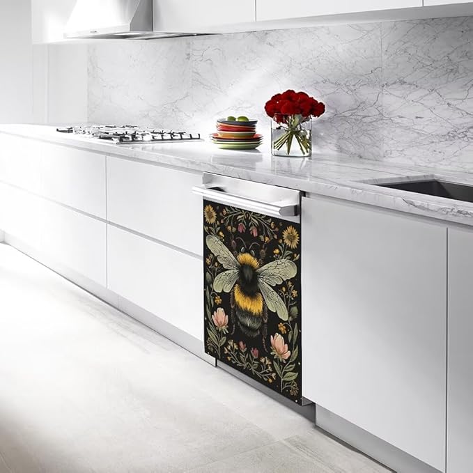 Flower and Bee Pattern Dishwasher Magnetic Cover Sticker Magnetic Refrigerator Full Door Cover Sticker Kitchen Decor Panel Decal 23W x 17H inchs