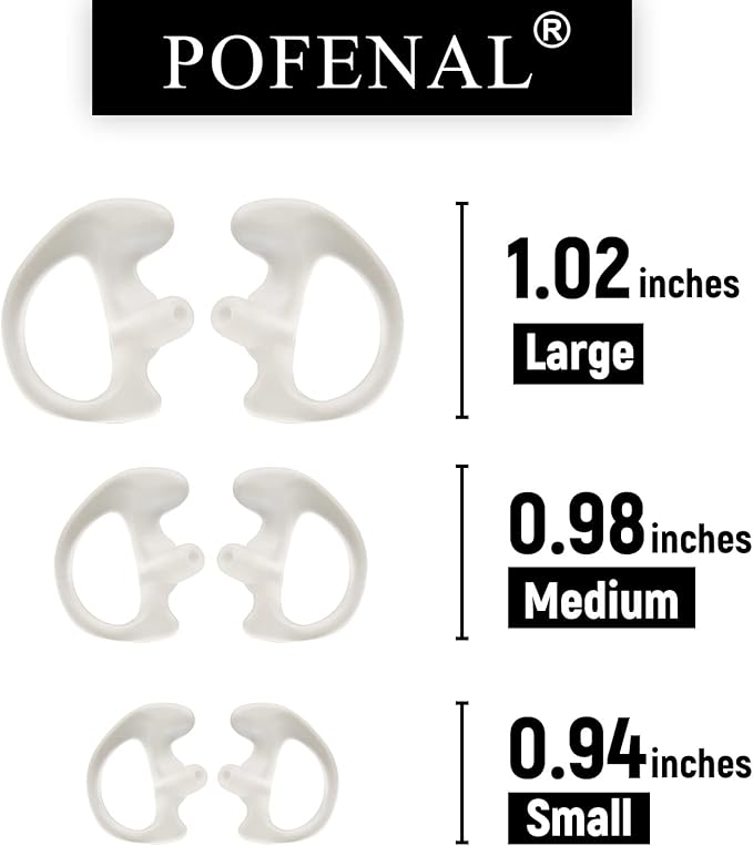 POFENAL Universal Replacement Insert Silicone Soft Earmold for Baofeng Motorola Kenwood Retevis Midland Two Way Radios Headset (White, 8 Pair, Large_2 Pair; Medium_4 Pair; Small_ 2 Pair)