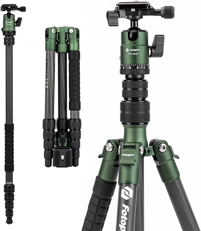Fotopro 60" Carbon Fiber Camera Travel Tripod, 2lbs Super Lightweight Compact Tripod with 360° Metal Ball Head, Detachable Monopod, with Arca QR Plate & Bag, Load up to 8KG/17.63lbs, for SLR DSLR