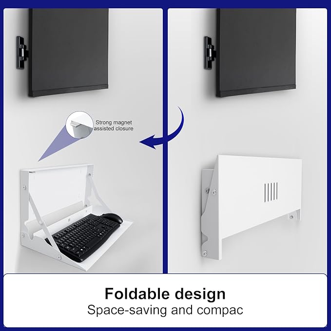 Otoolling 1 Pcs 24 Inch Keyboard Wall Mount Foldable Fits Standard Computer Keyboard Mouse Stand Tray Organizer for Small Offices Apartments, Easy Installation with 4 Screws (White)
