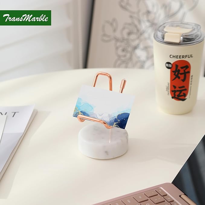 TransMarble Marble Phone Stand with Metal Holder, Charging Available While Using, Swipe Up to Unlock, Made of Natural Marble as Business Card Holder for Office Desk (Starry White + Rose Gold)